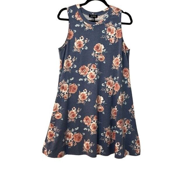 A. Byer rose floral on blue print simple sleeveless A-line dress L - Picture 1 of 6